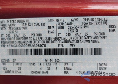 2014 Ford Escape Se из США, поврежденный, VIN 1FMCU9G99EUA98970